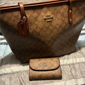 Coach Tan Signature Tote and Wallet Set